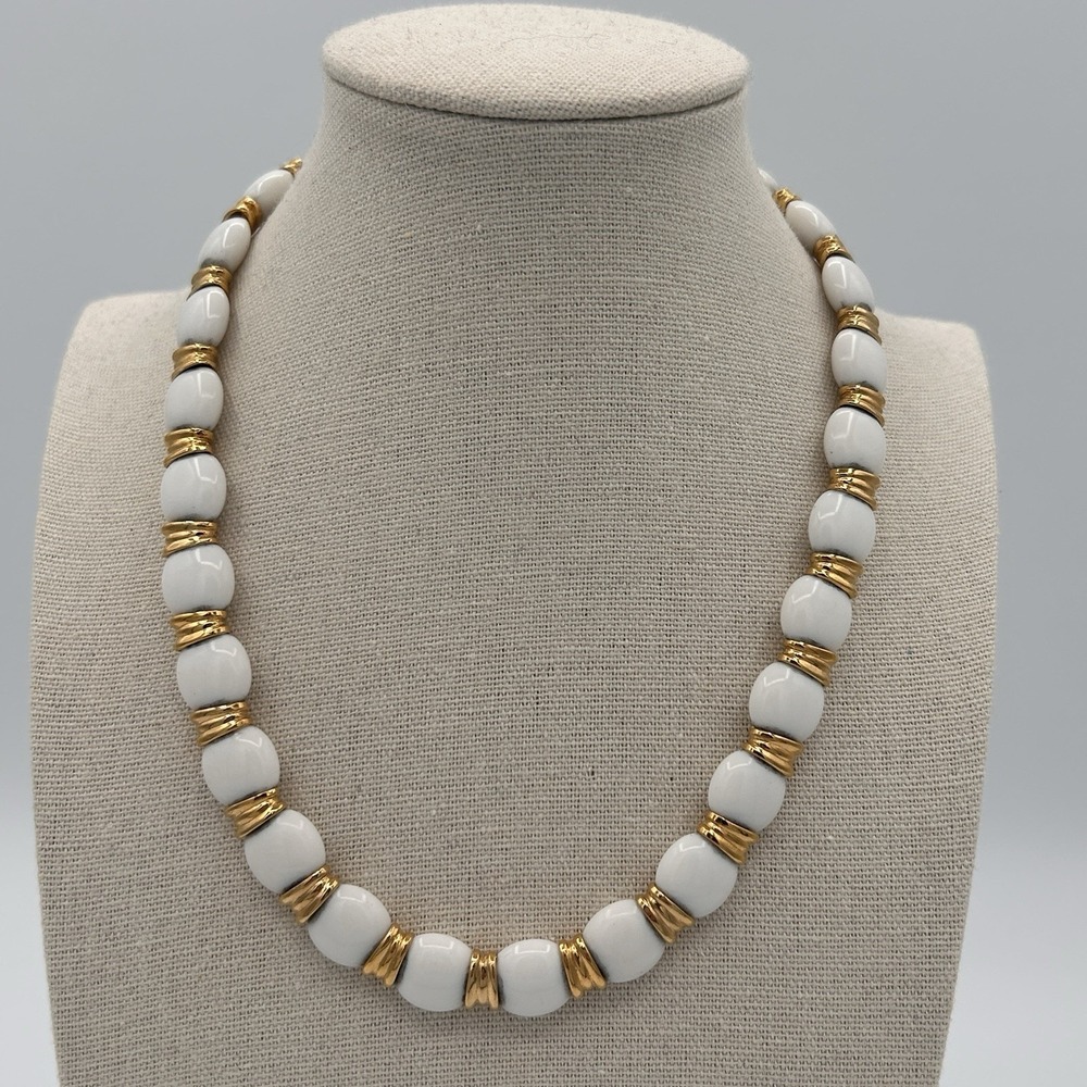 Vintage Monet Necklace Gold tone White Spacers Single Strand Statement 16"